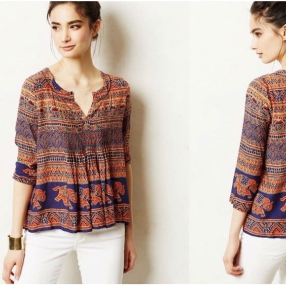 Anthropologie Tops - VANESSA VIRGINIA Mahdia Boho Peasant Elephant Print Blouse